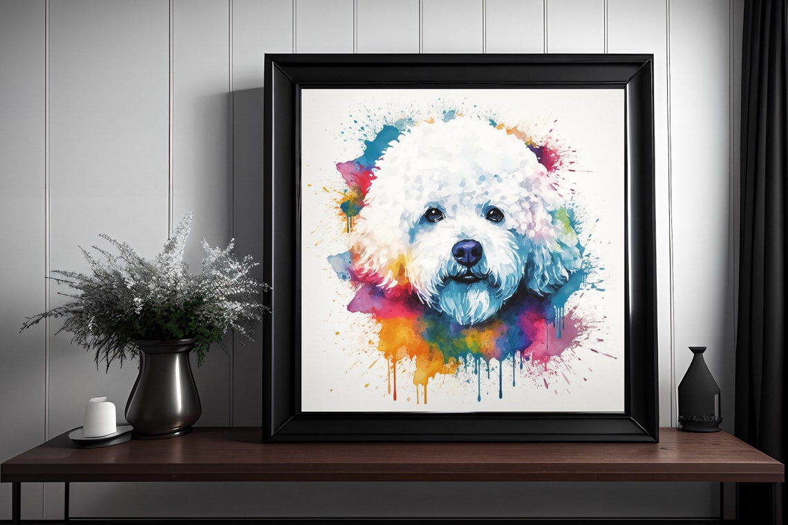 Bichon Frise White Puppy Watercolor Splatter Portrait Dog Poster