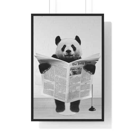 Giant Panda Reading Newspaper on Toilet Funny Bathroom Poster