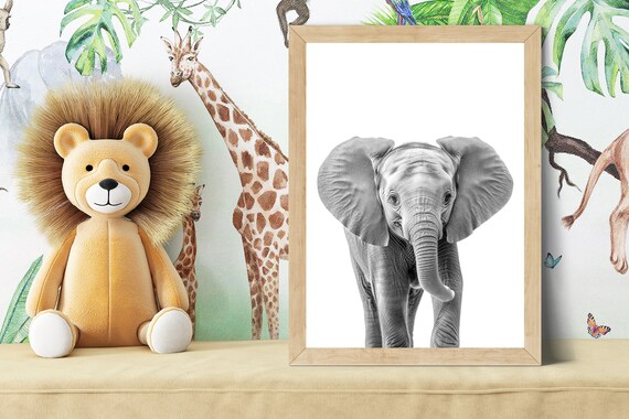Sweet Baby Elephant Portrait in Black and White Nursery Style Poster