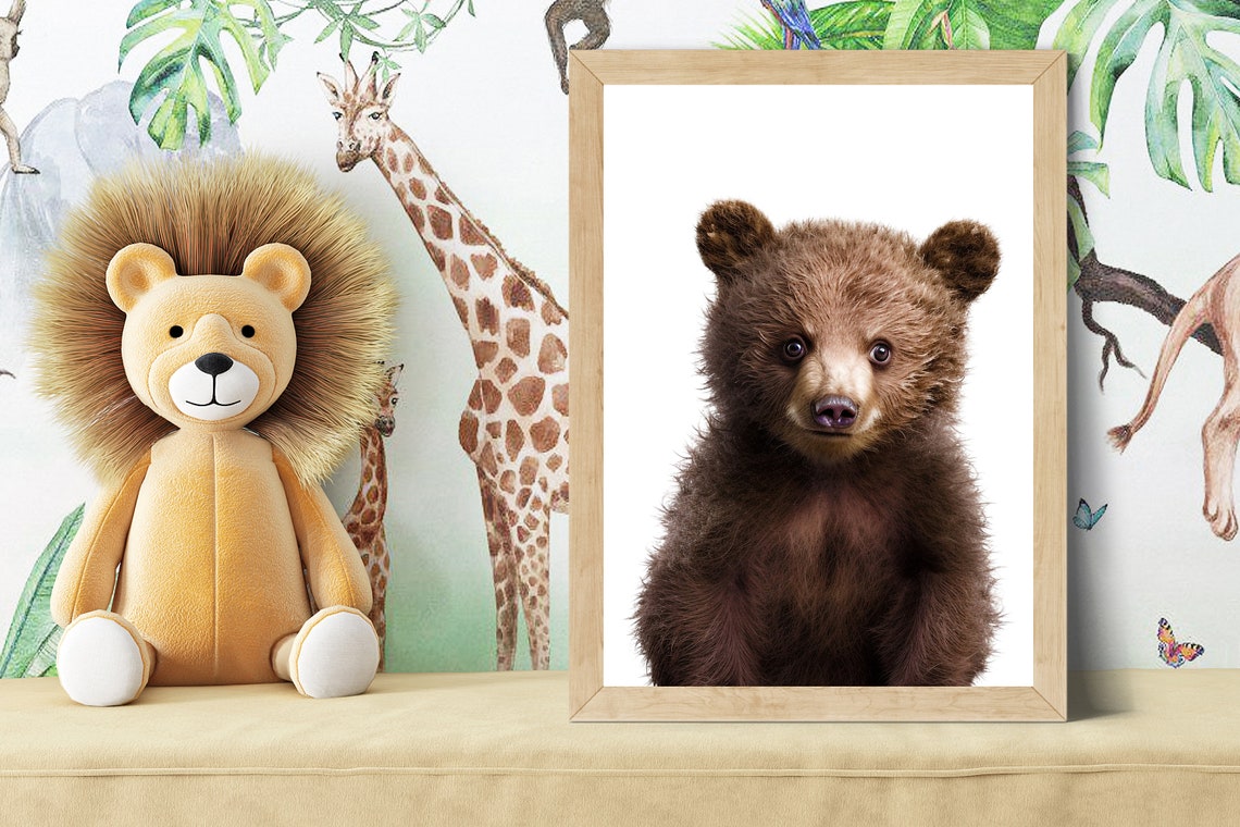 Fluffy Baby Bear Cub Portrait in Soft Color Nursery Style Poster