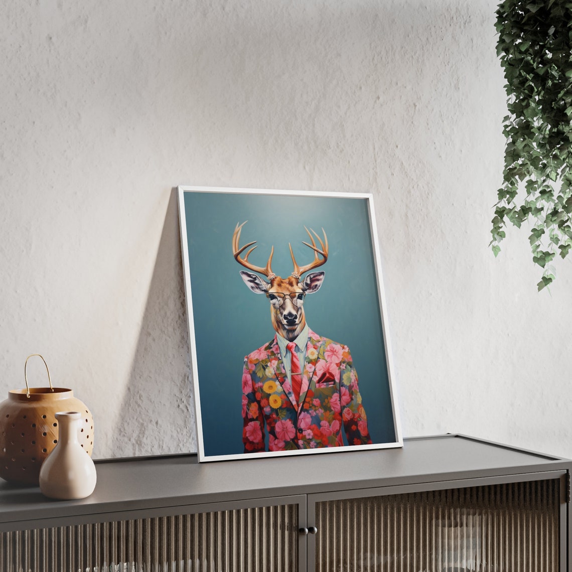 Deer Buck In Glasses Red Tie Floral Suit Funny Animal Wall Poster - Image 2