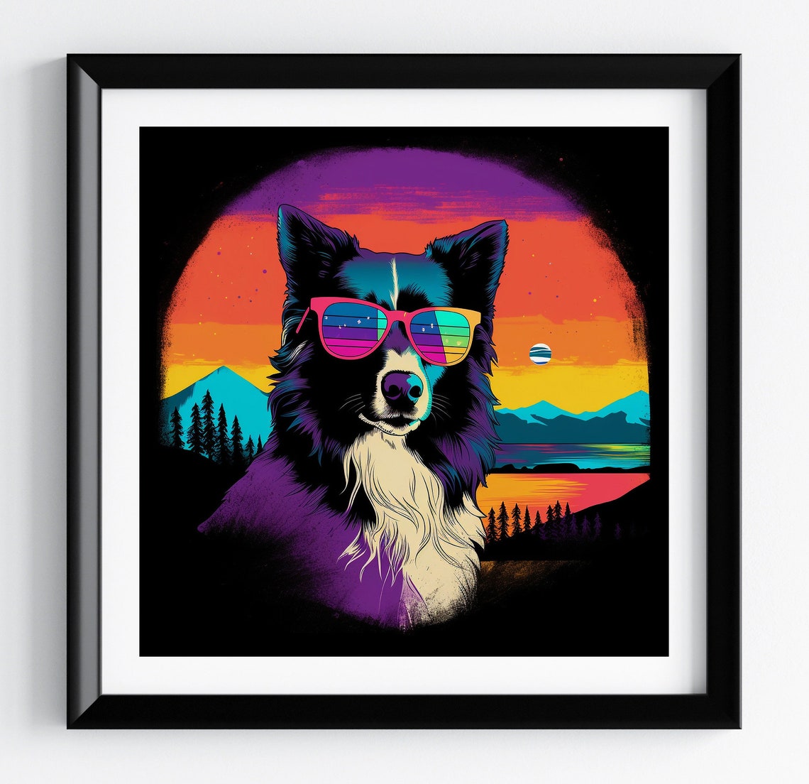 Border Collie Neon Mountain Lake Sunset Retro Dog Portrait Poster
