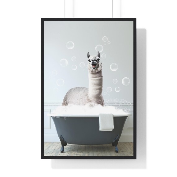 Happy Laughing Llama in a Clawfoot Bubble Bath Bathroom Poster