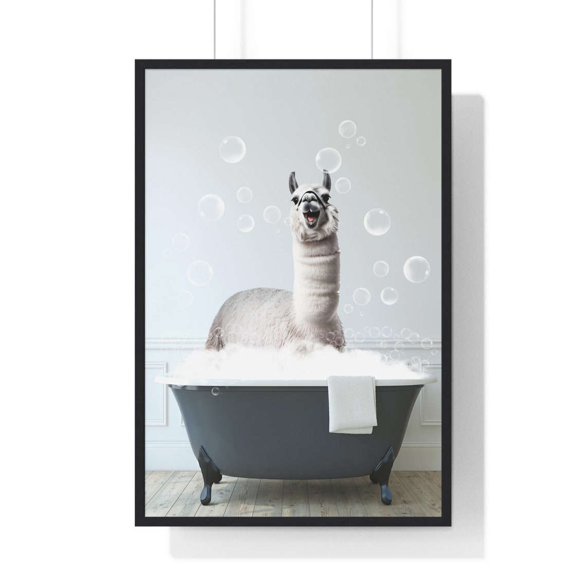 Happy Laughing Llama in a Clawfoot Bubble Bath Bathroom Poster