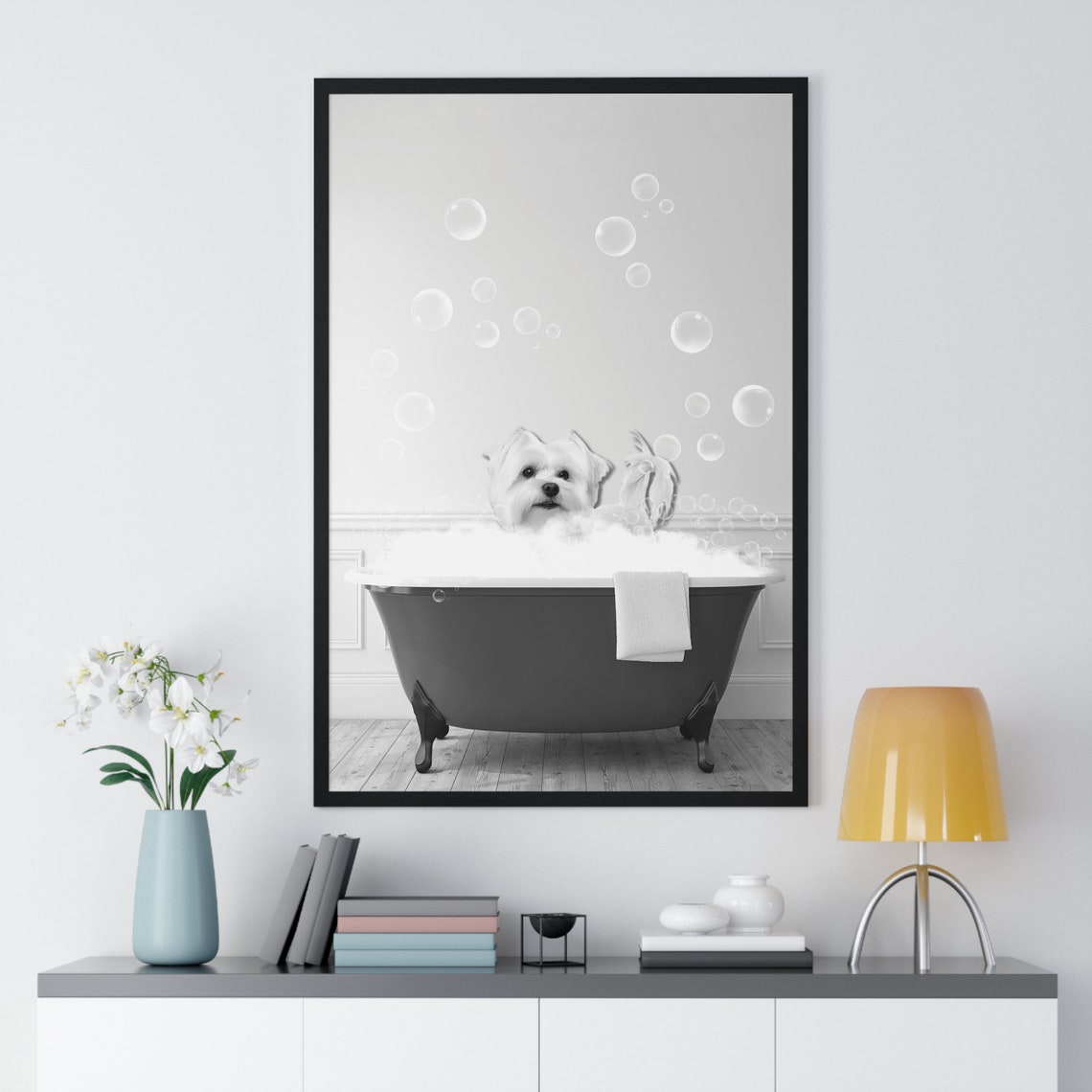 Maltese Dog Soaking In Bubble Bath Black And White Bathroom Poster - Image 2
