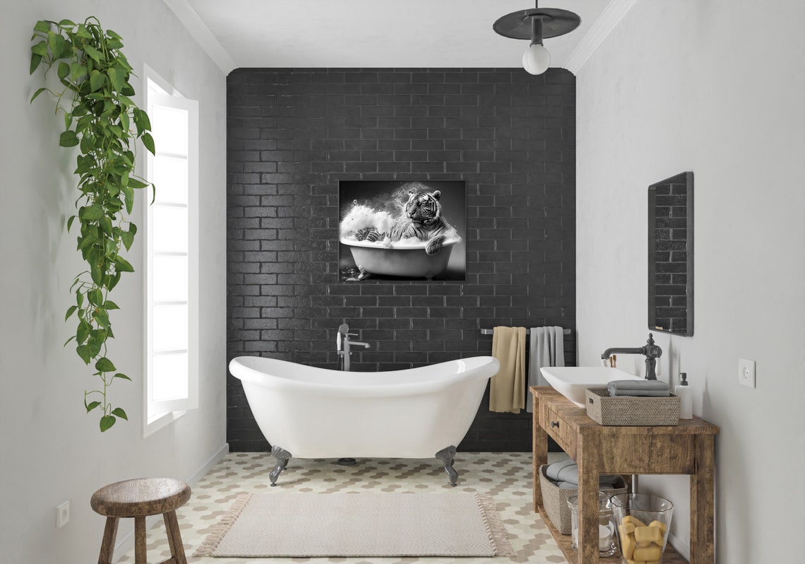 Tiger Relaxing In Bubble Bath Clawfoot Tub Black And White Poster - Image 2