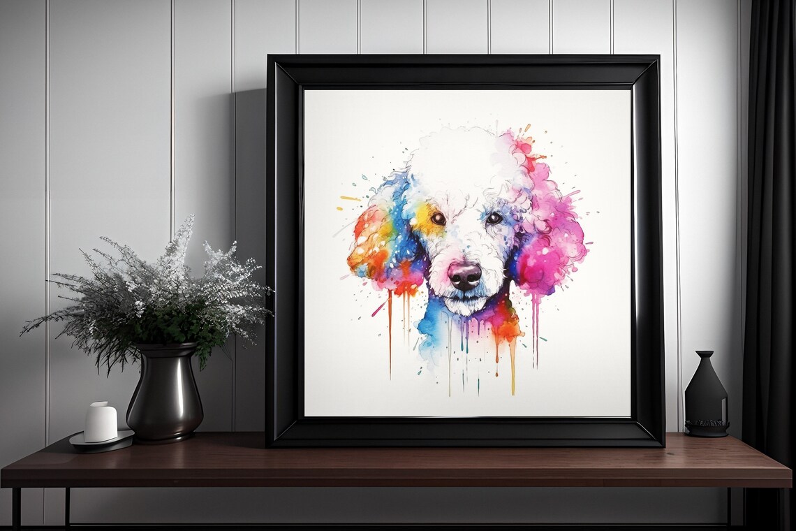White Poodle Watercolor Splatter Portrait Colorful Dog Poster