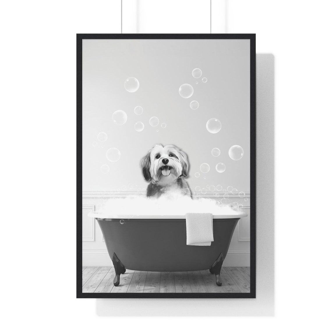 Havanese Dog in a Bubble Bath Black and White Funny Bathroom Poster