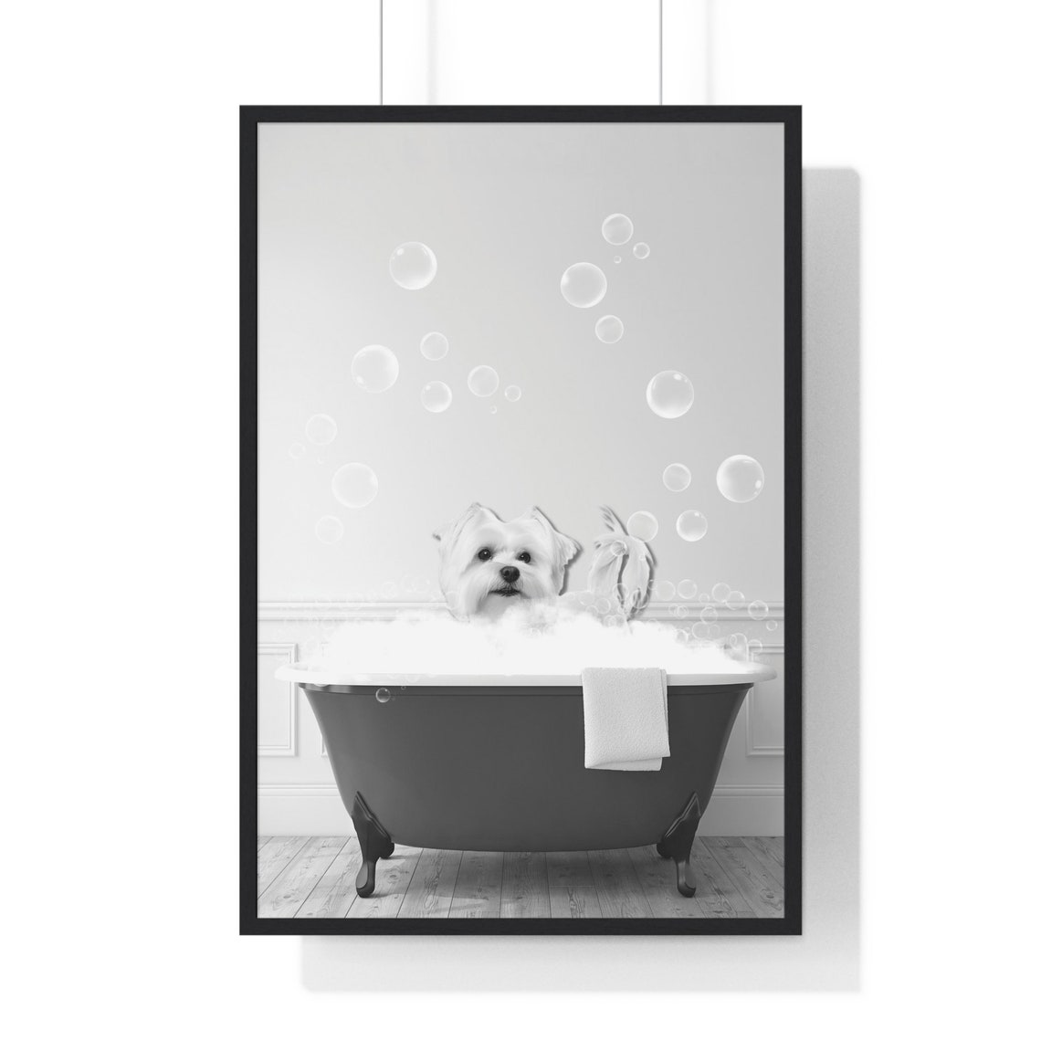 Maltese Dog Soaking In Bubble Bath Black And White Bathroom Poster