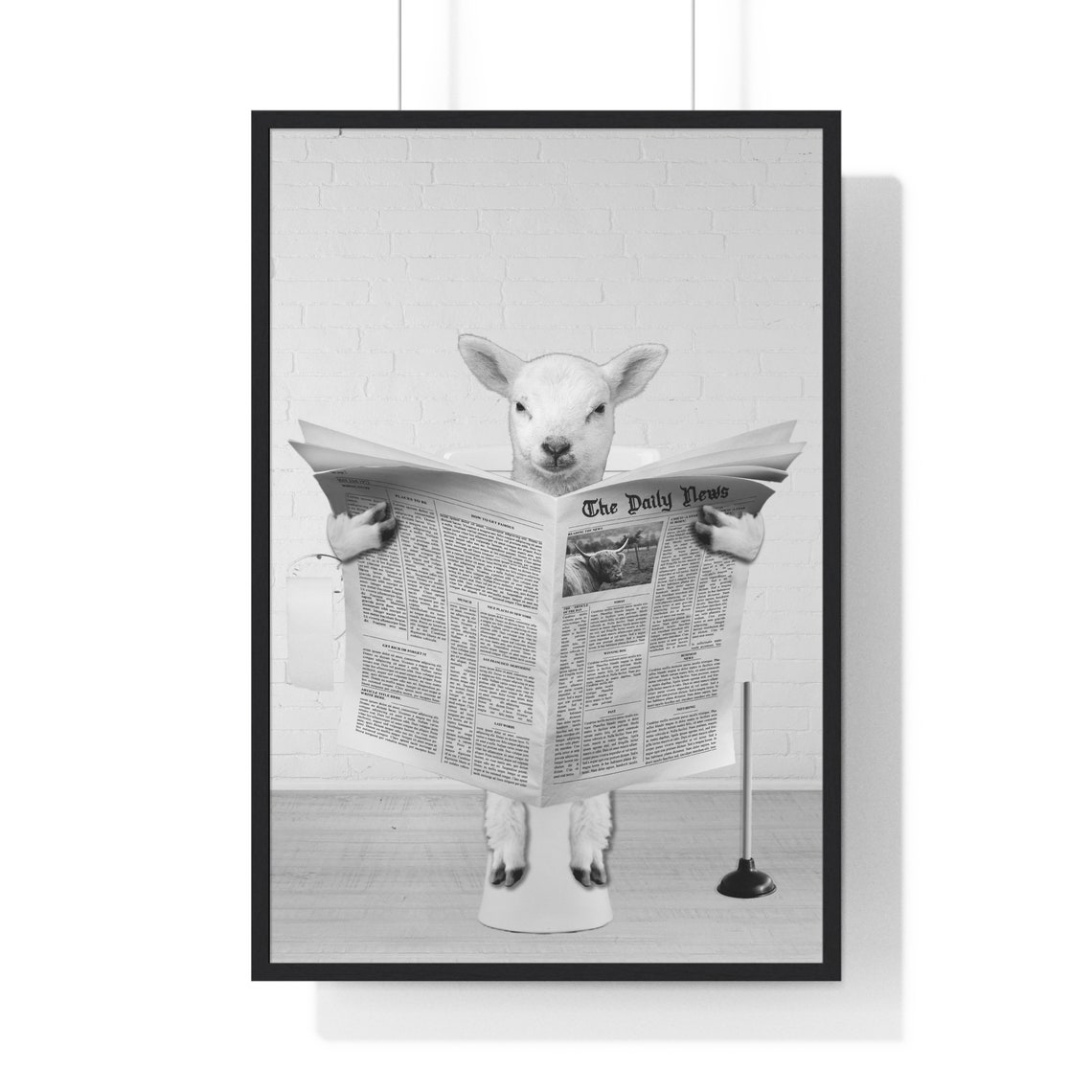 White Lamb Reading Newspaper While Sitting On Toilet Funny Poster