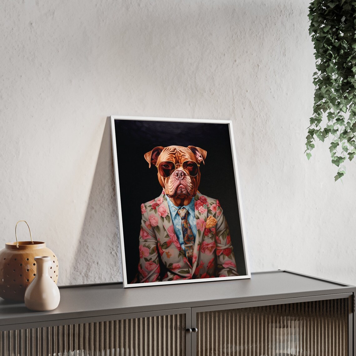 French Mastiff Dog in a Gray Floral Suit Fashion Portrait Poster - Image 2