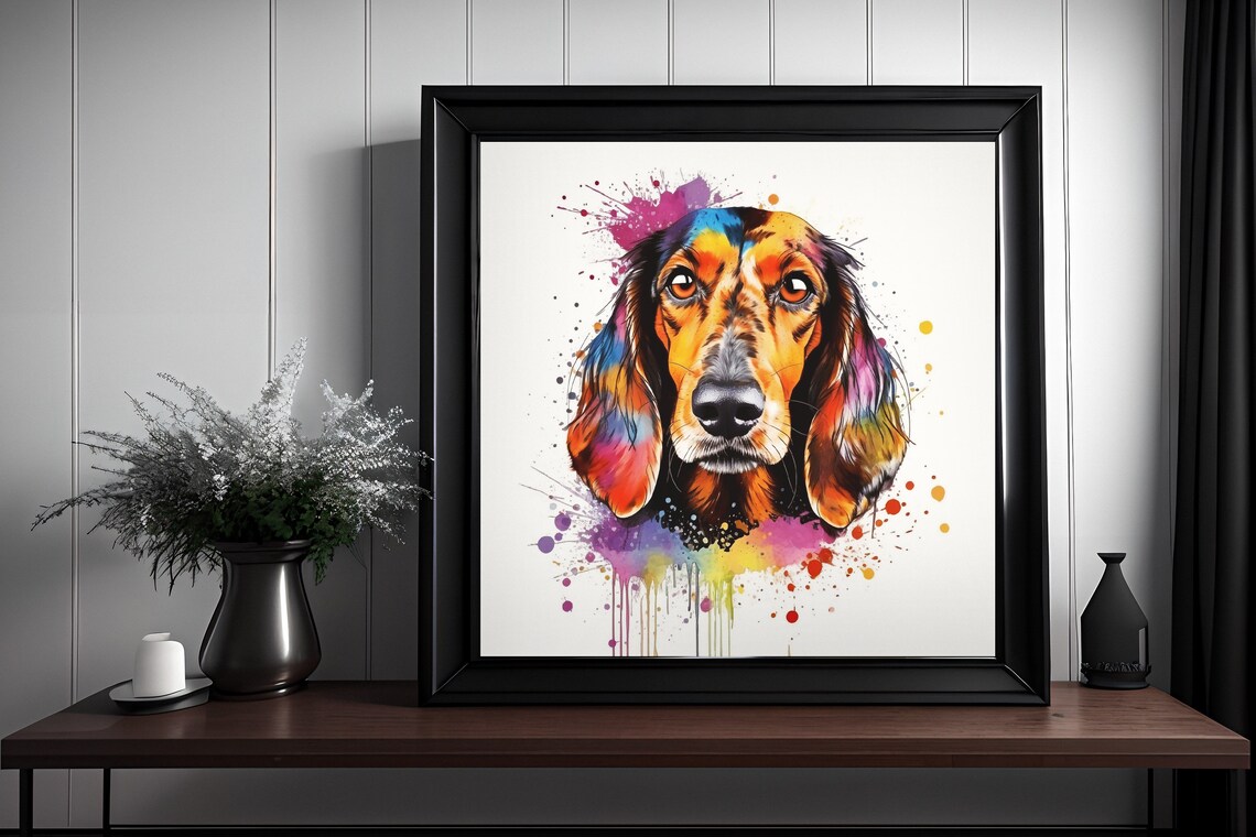 Funny Dachshund Watercolor Splatter Portrait Rainbow Dog Poster
