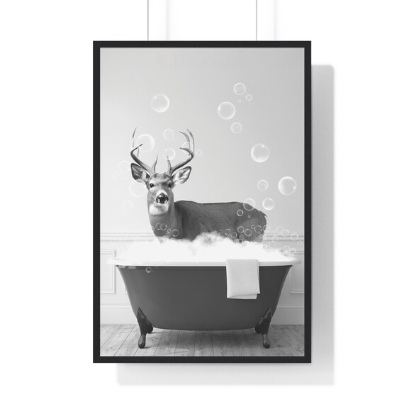 Deer Buck In Bubble Bath Clawfoot Tub Funny Black And White Bathroom Poster