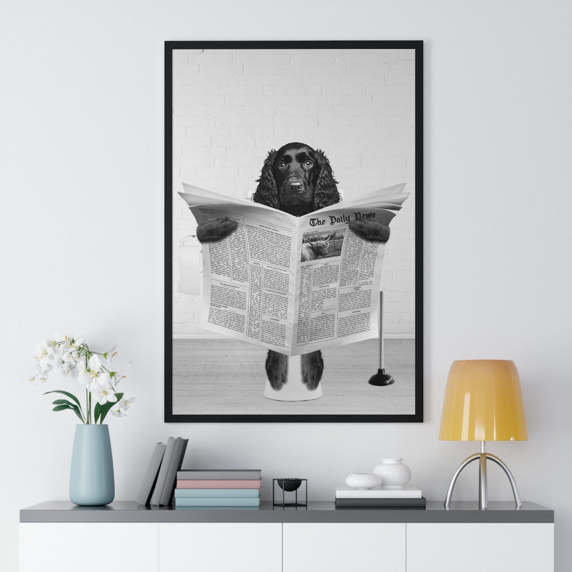 Black Spaniel Reading Newspaper on Toilet Funny Bathroom Poster - Image 2