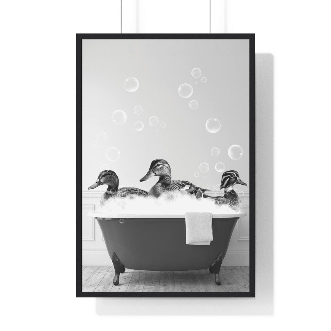 Three Ducks in Bubble Bath Black and White Funny Animal Art Poster