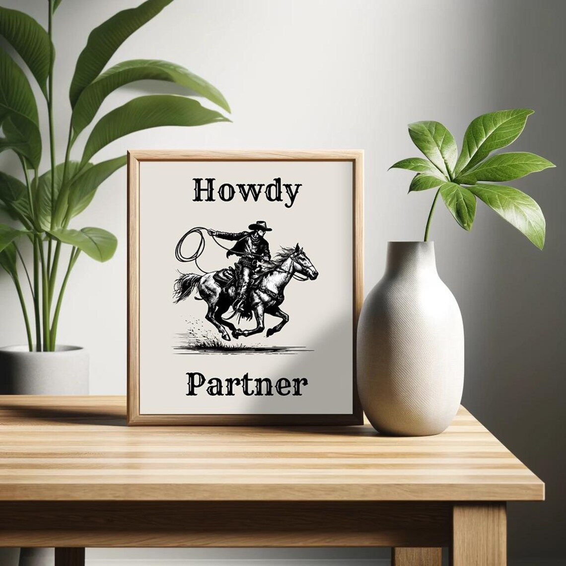 Howdy Partner Cowboy Horse Lasso Riding Vintage Western Poster