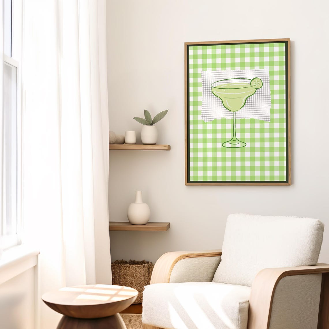 Lime Margarita Cocktail Watercolor Green Gingham Bar Cart Poster - Image 3