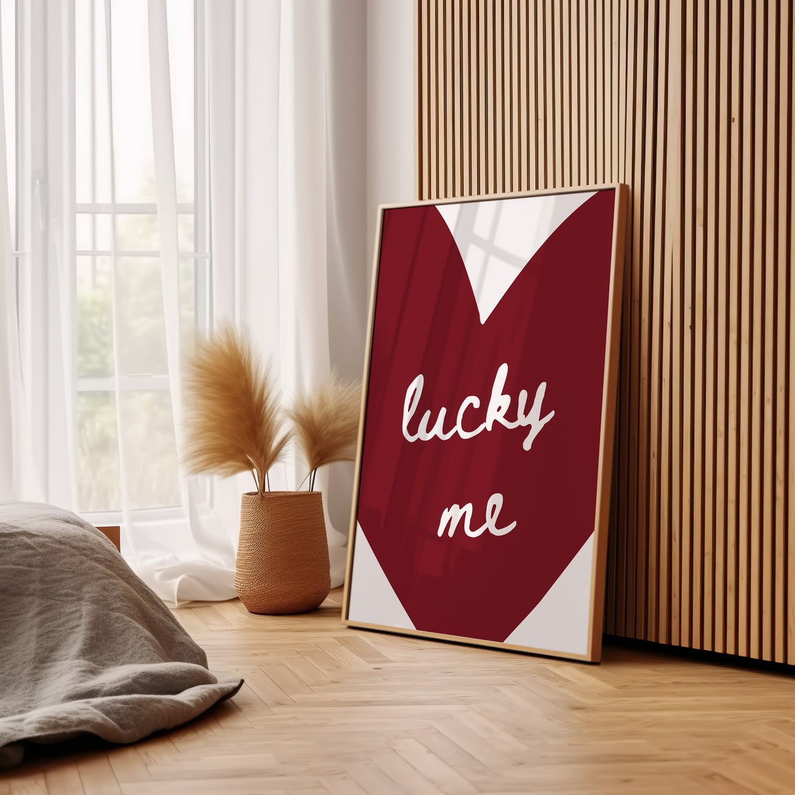 Lucky Me White Script Big Dark Red Heart Love Statement Wall Art - Image 3