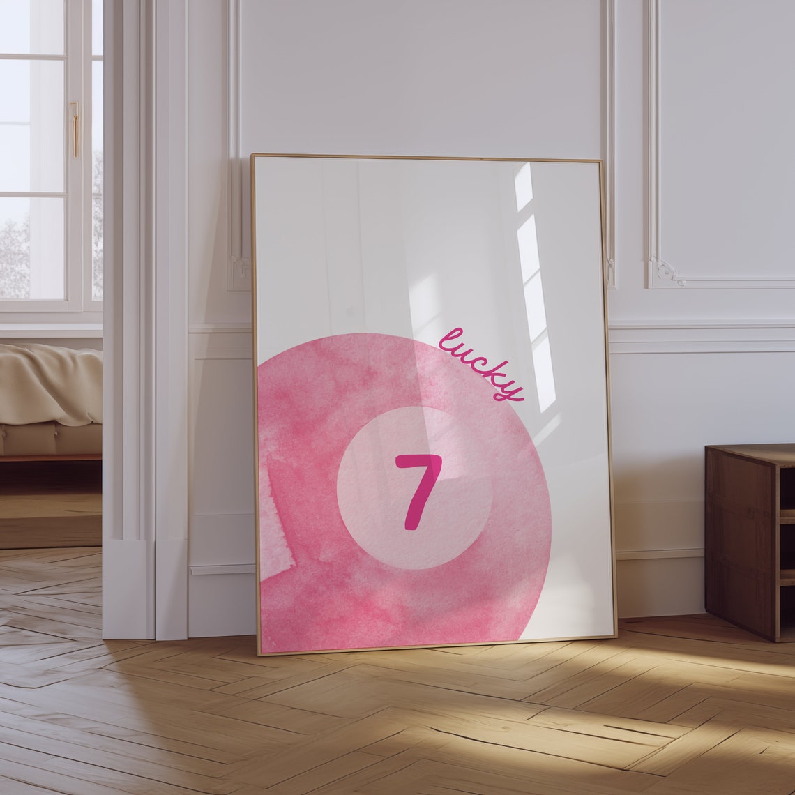 Lucky 7 Pink Watercolor Pool Ball Aesthetic Number Seven Wall Art