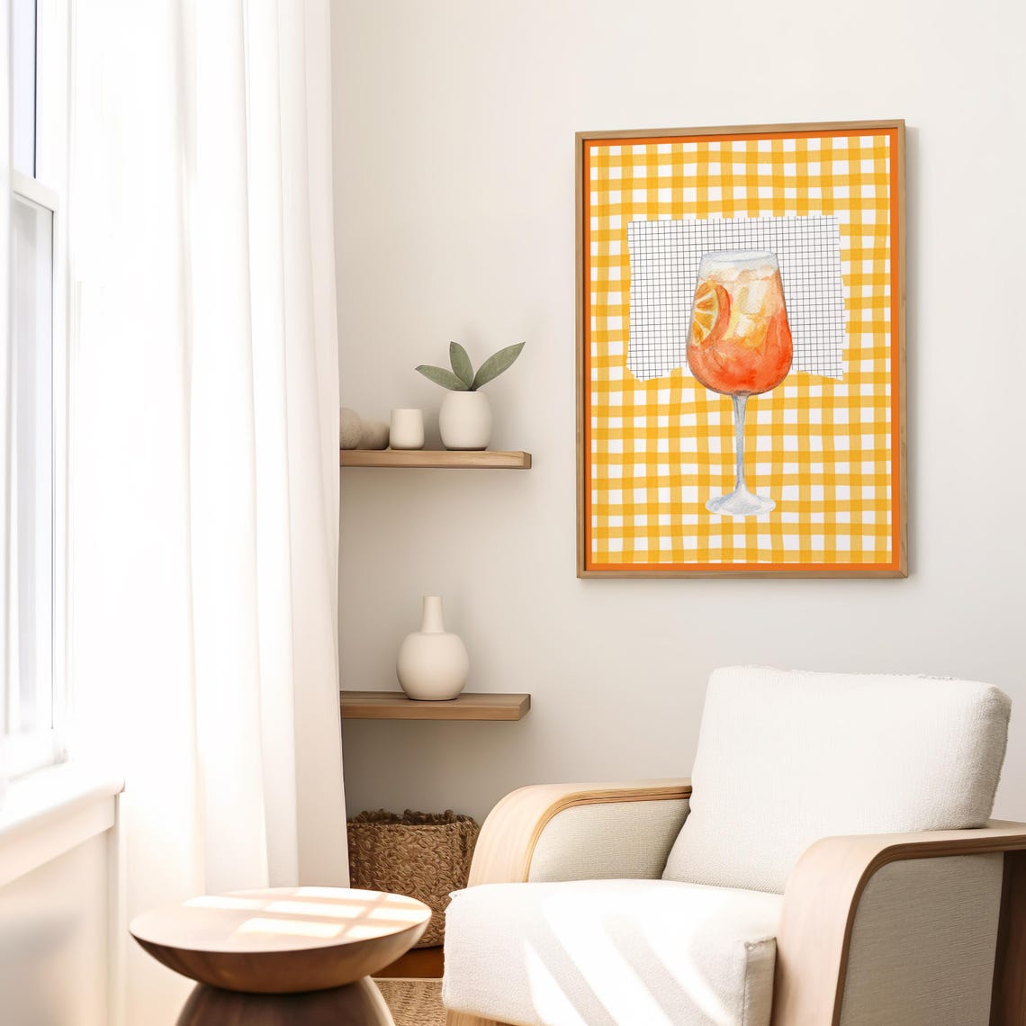 Aperol Spritz Orange Cocktail Watercolor Yellow Gingham Bar Poster - Image 3