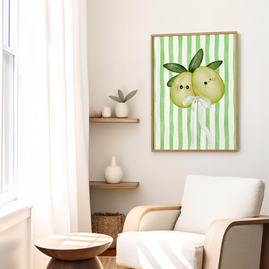 Olive You Cute Kawaii Smiling Olive Couple Green Stripe Wall Art - Image 3