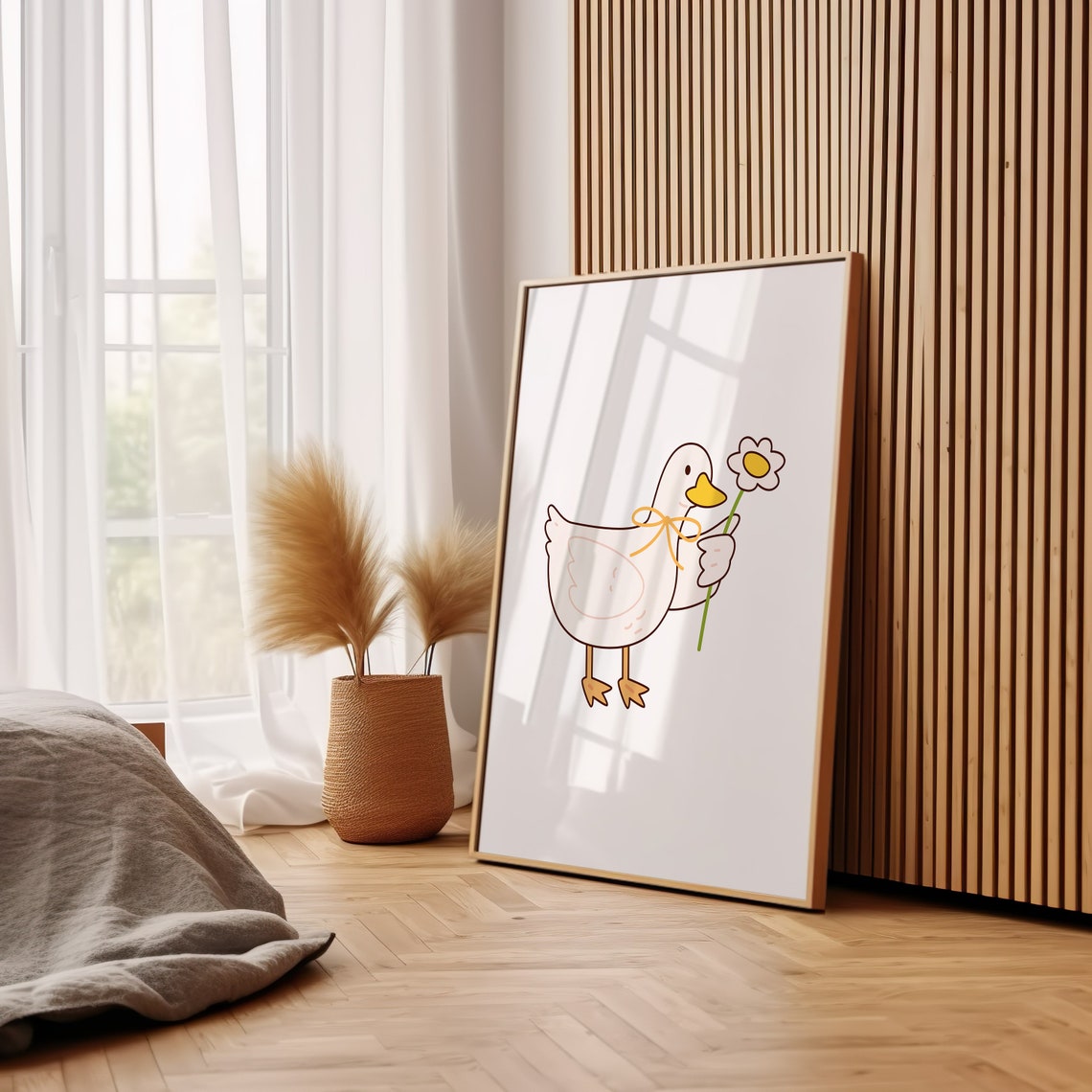 Cute Duck With Bow Holding Flower Sweet Nursery Line Art Poster - Image 3
