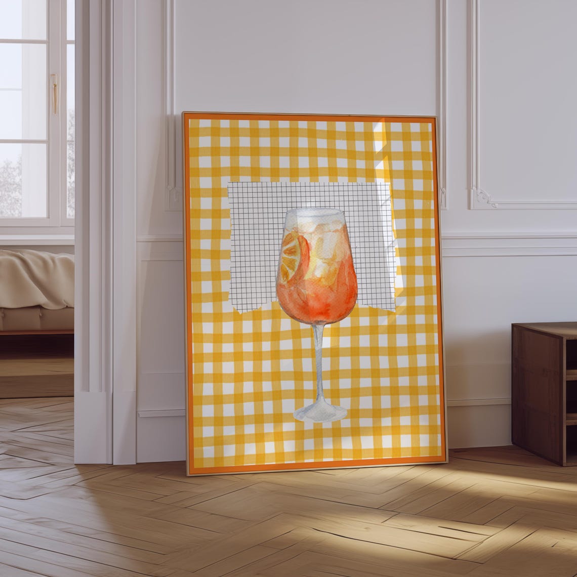 Aperol Spritz Orange Cocktail Watercolor Yellow Gingham Bar Poster