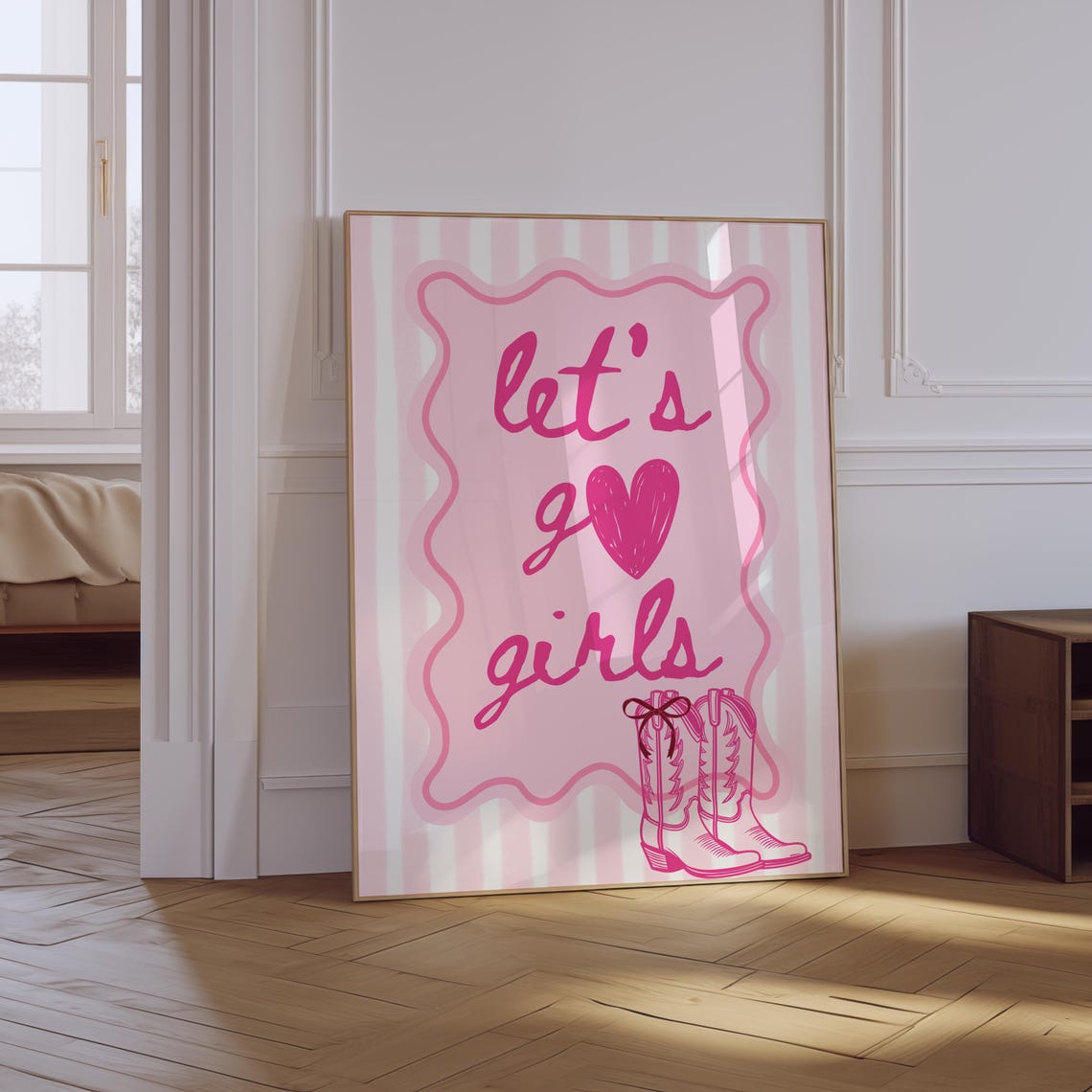 Lets Go Girls Print Pink Cowgirl Boots Poster Cowgirl Wall Art Trendy Apartment Print Bachelorette Party Poster Girls Night Print