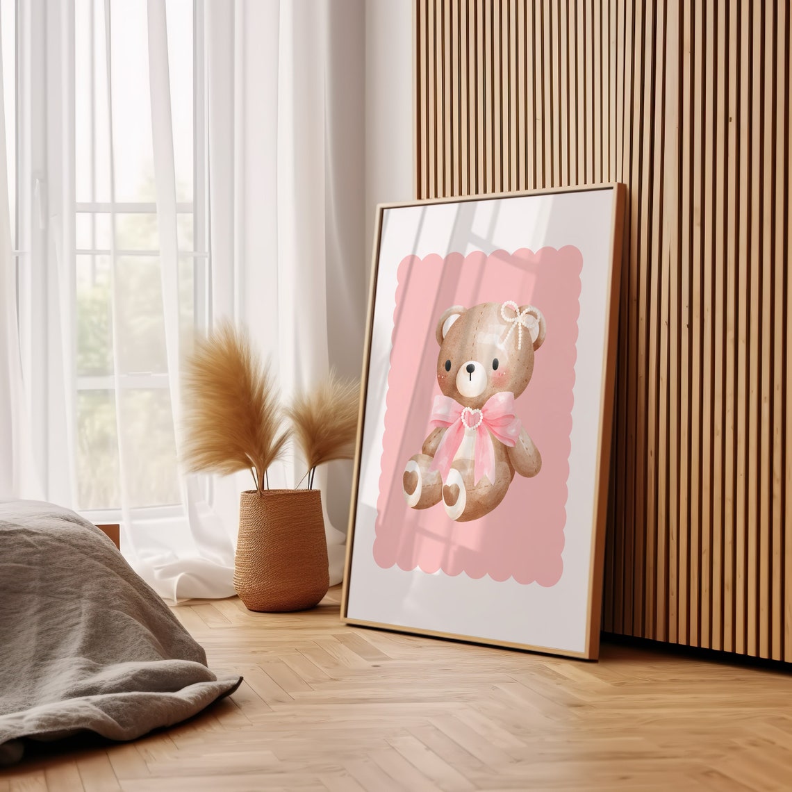Cute Teddy Bear Pink Bow Scalloped Frame Coquette Nursery Wall Art - Image 2