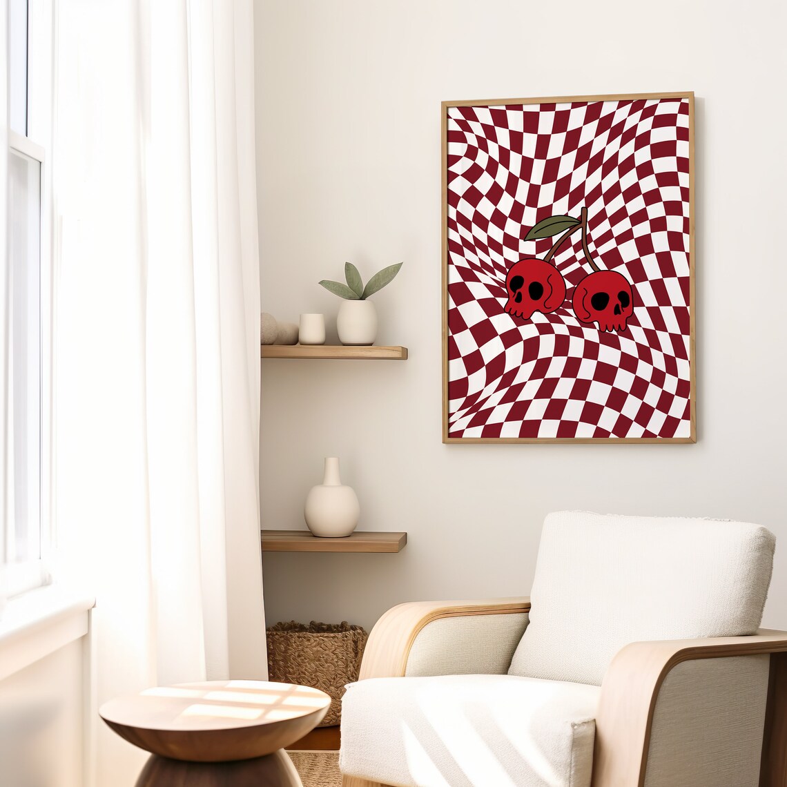 Cherry Skulls On Wavy Red Checkered Retro Gothic Cherry Illustration Poster - Image 2