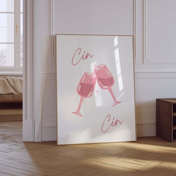 Cin Cin Pink Watercolor Wine Glasses Cheering With Heart Romantic Wall Art