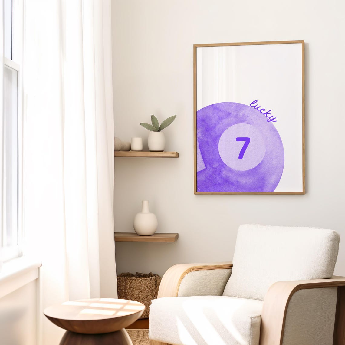 Lucky 7 Purple Watercolor Pool Ball Retro Number Seven Bold Wall Art - Image 2