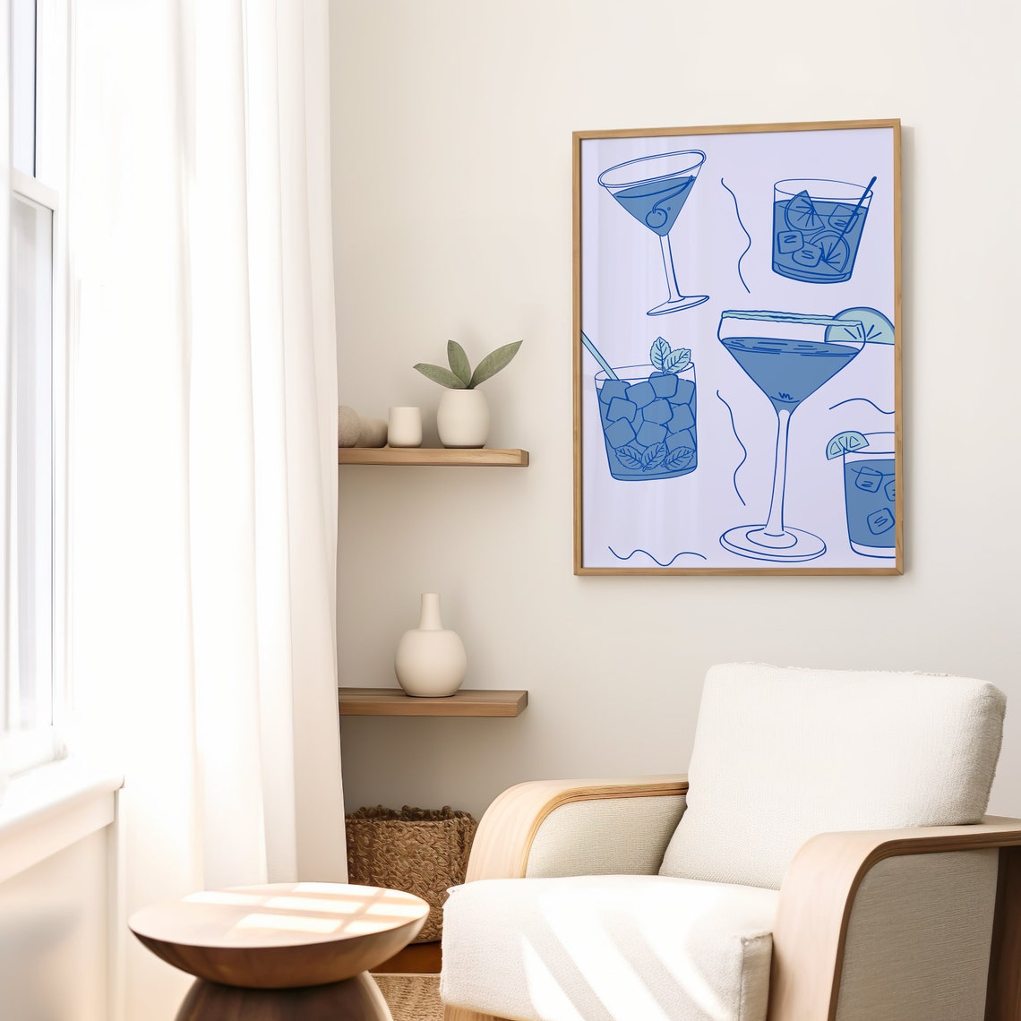 Blue Cocktail Glasses Line Art Martini Mojito Coastal Bar Decor Poster - Image 2