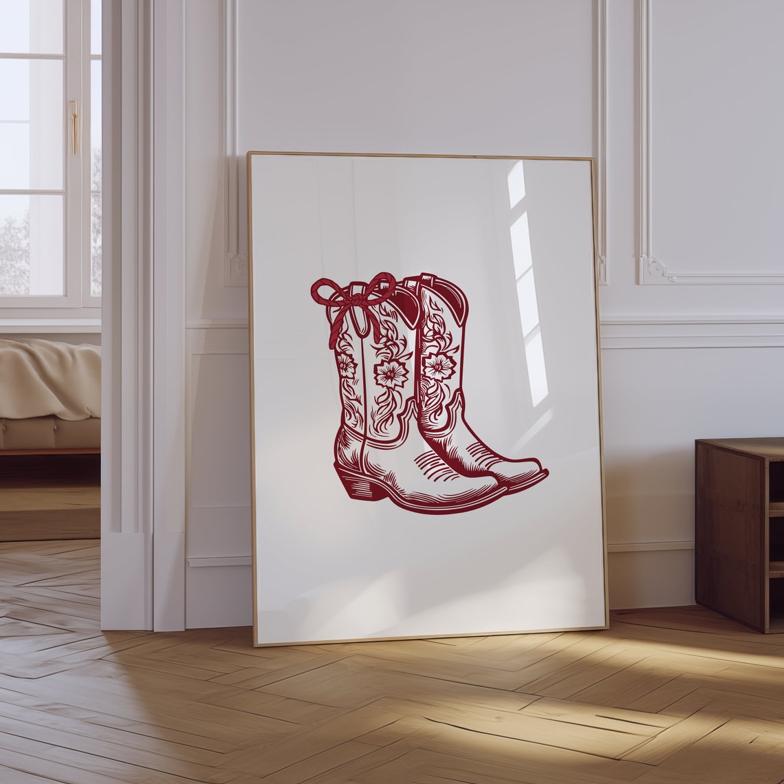 Red Cowboy Boots Floral Stitching Bow Western Line Art Poster