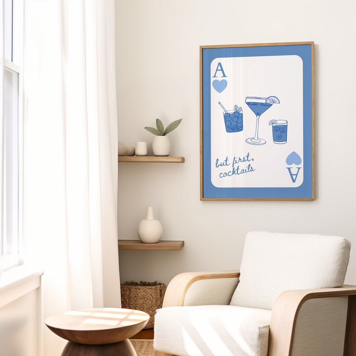 But First Cocktails Ace Of Hearts Blue Playing Card Cocktail Bar Cart Poster - Image 2