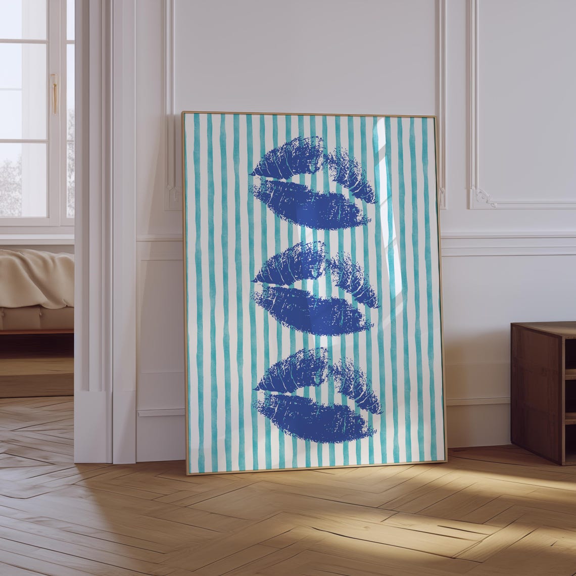 Blue Lipstick Kiss Prints On Striped Background Retro Wall Art - Image 3