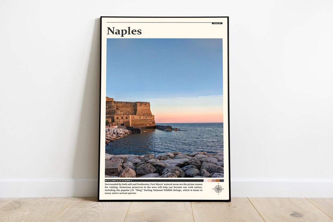 Naples Italy Castel dell'Ovo Seaside Fortress Sunset Travel Poster
