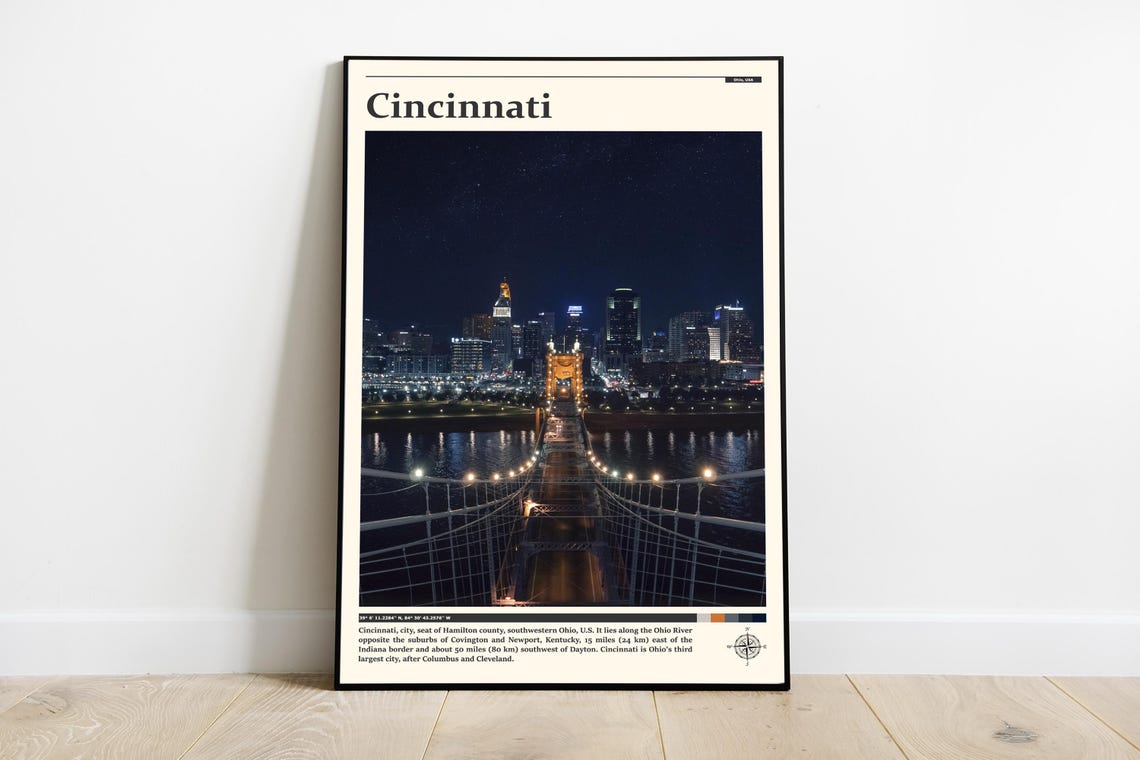 Cincinnati Roebling Bridge Night Skyline Over the Ohio River Poster