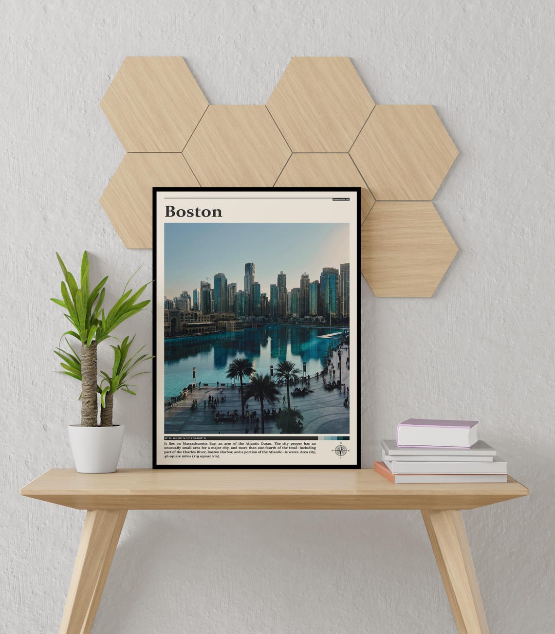 Boston Travel Print Palm Lined Waterfront Skyline Glowing at Dusk - Image 3