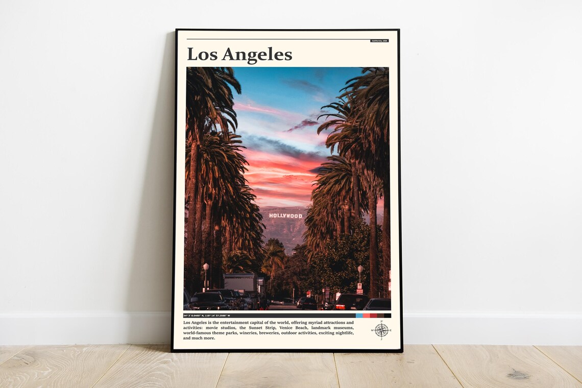 Los Angeles Hollywood Sign Sunset Palms California Travel Poster