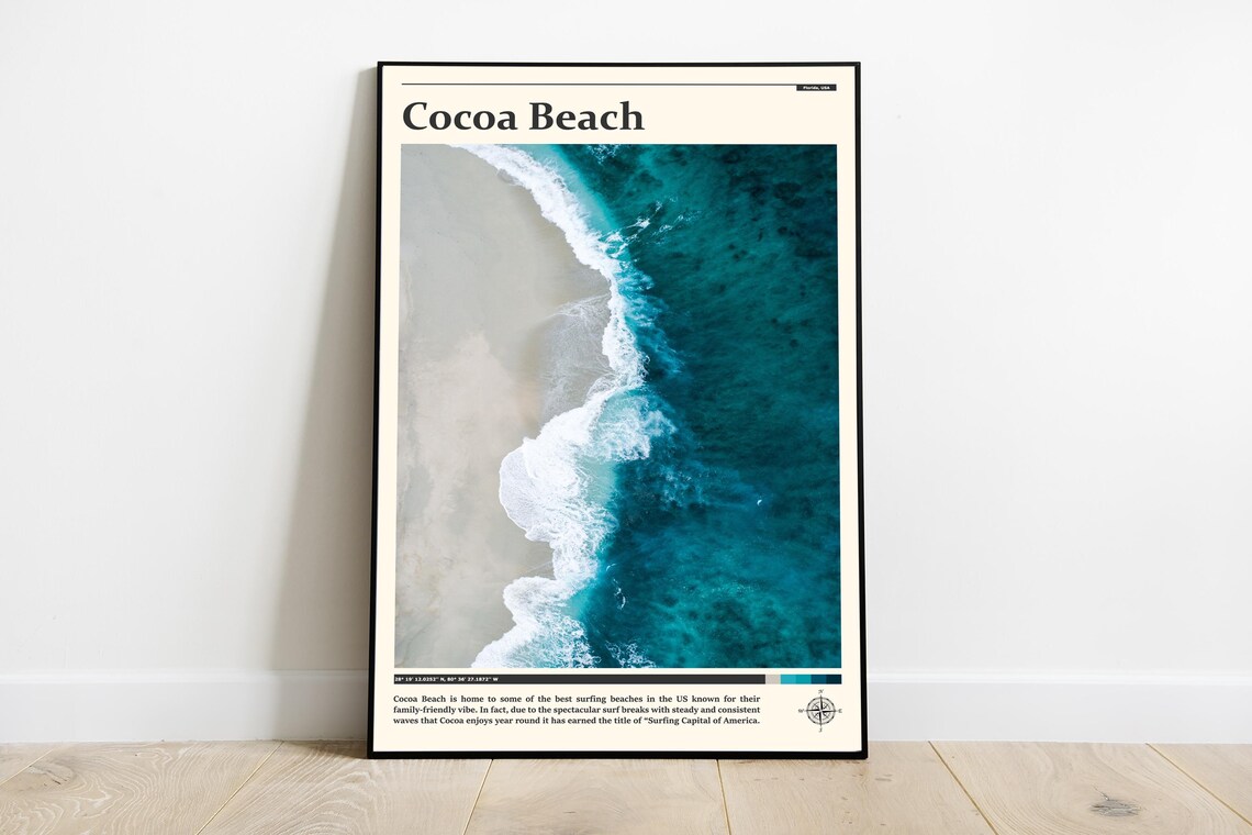 Cocoa Beach Florida Surf Capital Aerial Teal Waves Travel Poster
