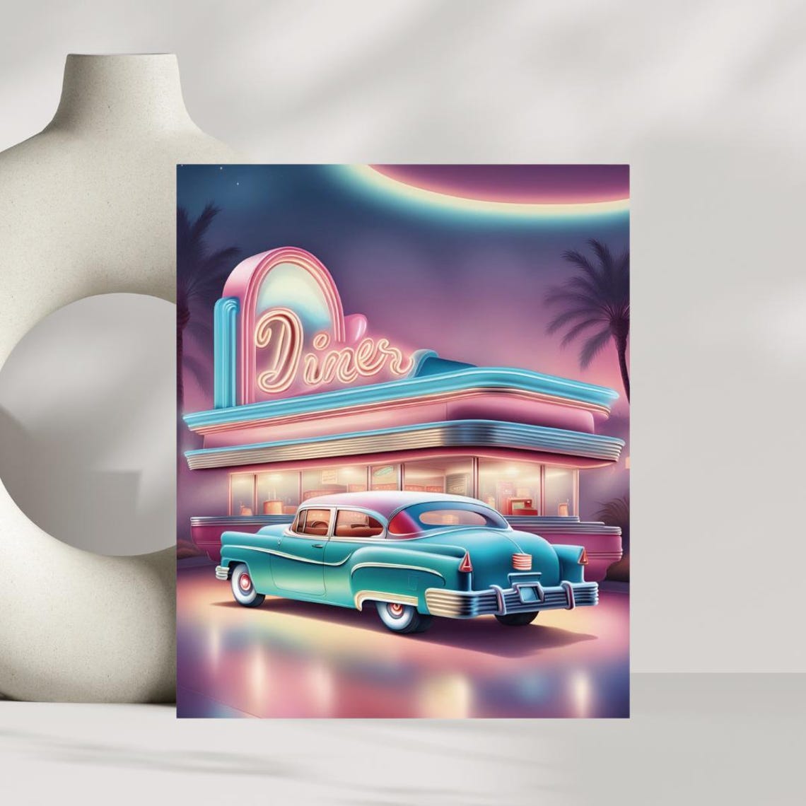 Retro Neon Diner Classic Car Night Scene Nostalgic Art Poster