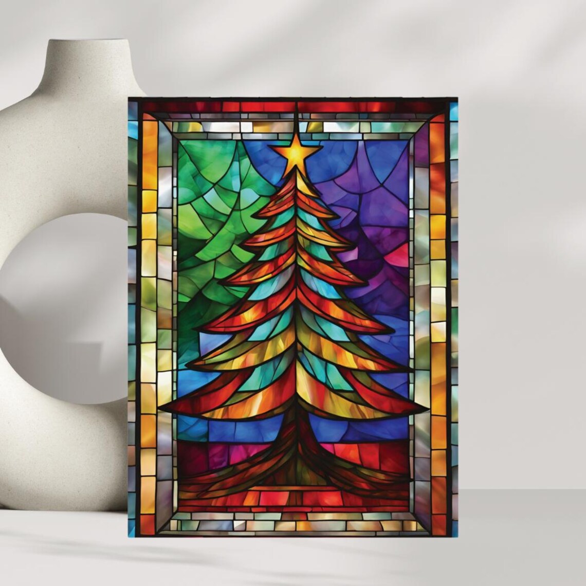 Stained Glass Christmas Tree Art Print, Holiday Decor