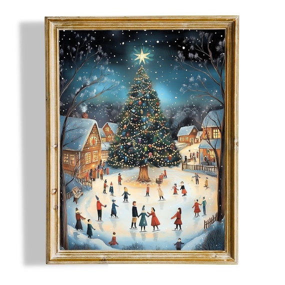 Christmas Tree Wall Art Snowy Winter Village Print Cute Christmas Holiday Art Christmas Wall Decor Instant