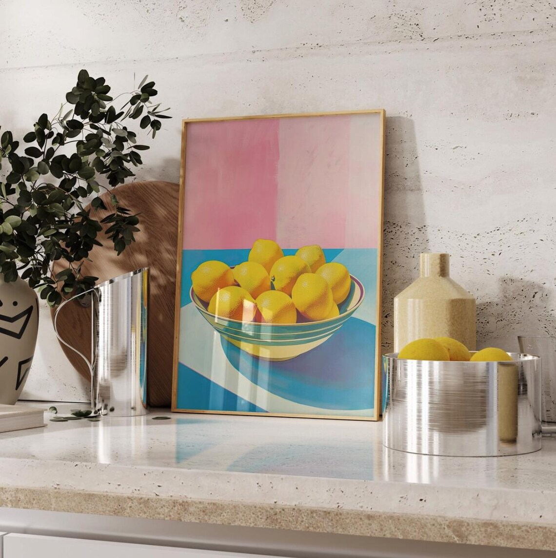 Modern Lemon Bowl Pop Art Pink Blue Colorblock Kitchen Poster - Image 3