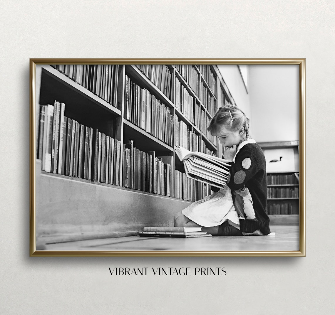 Girl Reading Book In Library Black And White Art Vintage Wall Art Girl Portrait Little Girl Print Wall Art