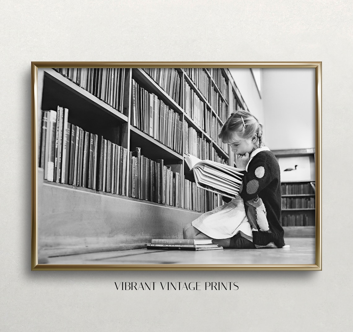 Little Girl Reading Book in Library Black and White Vintage Photo Print