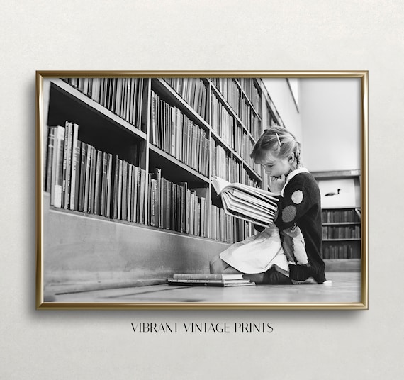Little Girl Reading Book in Library Black and White Vintage Photo Print