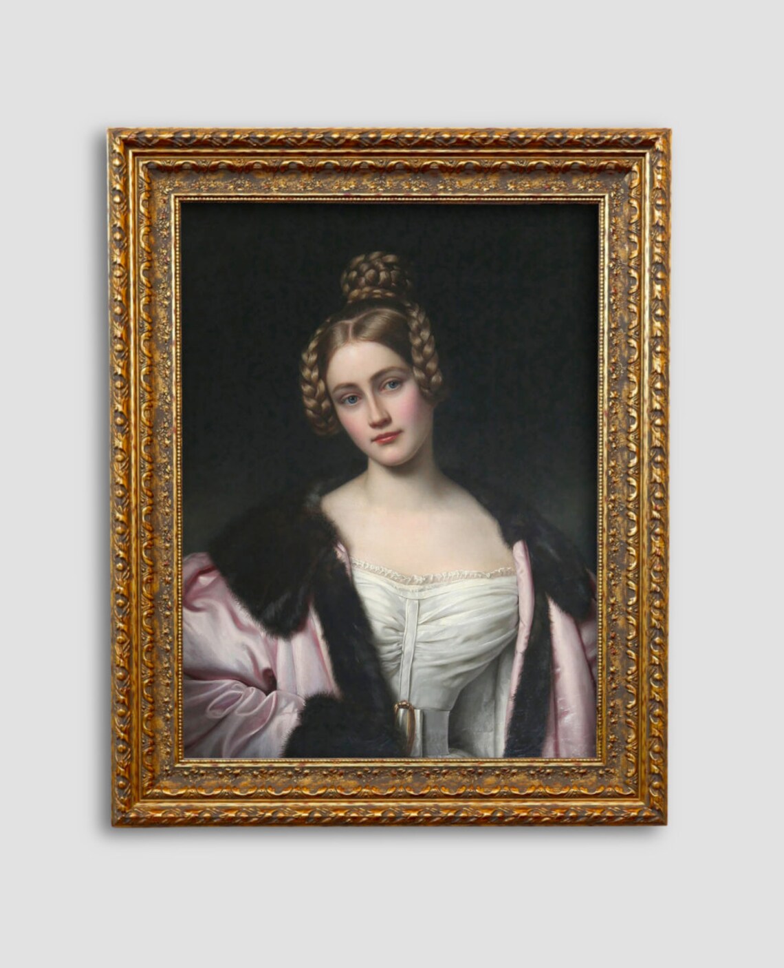 Young Woman in Pink Satin Cloak Oil Portrait Dark Background Poster - Image 3