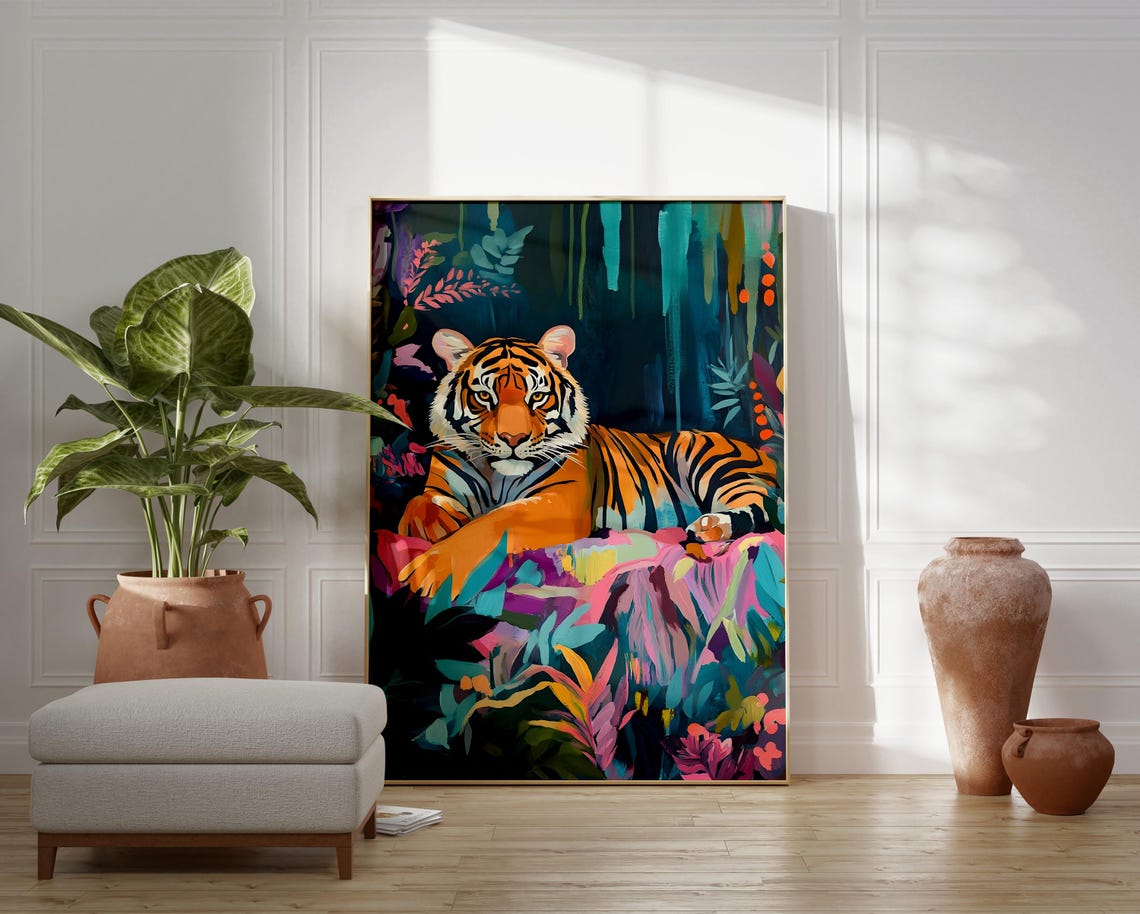 Colorful Tiger Resting In Lush Jungle Foliage Wild Animal Art Print - Image 3